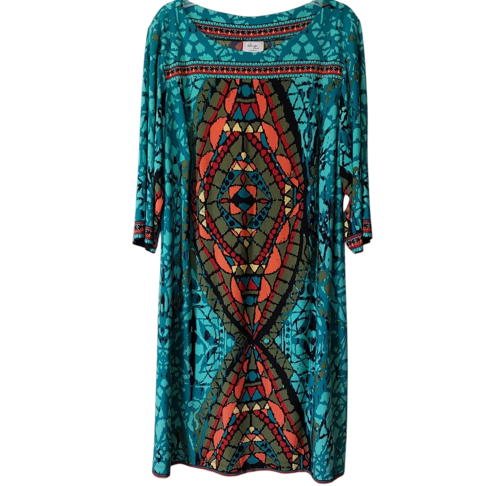 Beige by eci Boho Chic Tribal Geometric Boatneck Dress Art to Wear EUC 22W